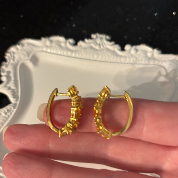 Citrine & Mixed Cut Gemstones Hoop Earrings 14K Goldplated Sterling Silver - Picture 5 of 11